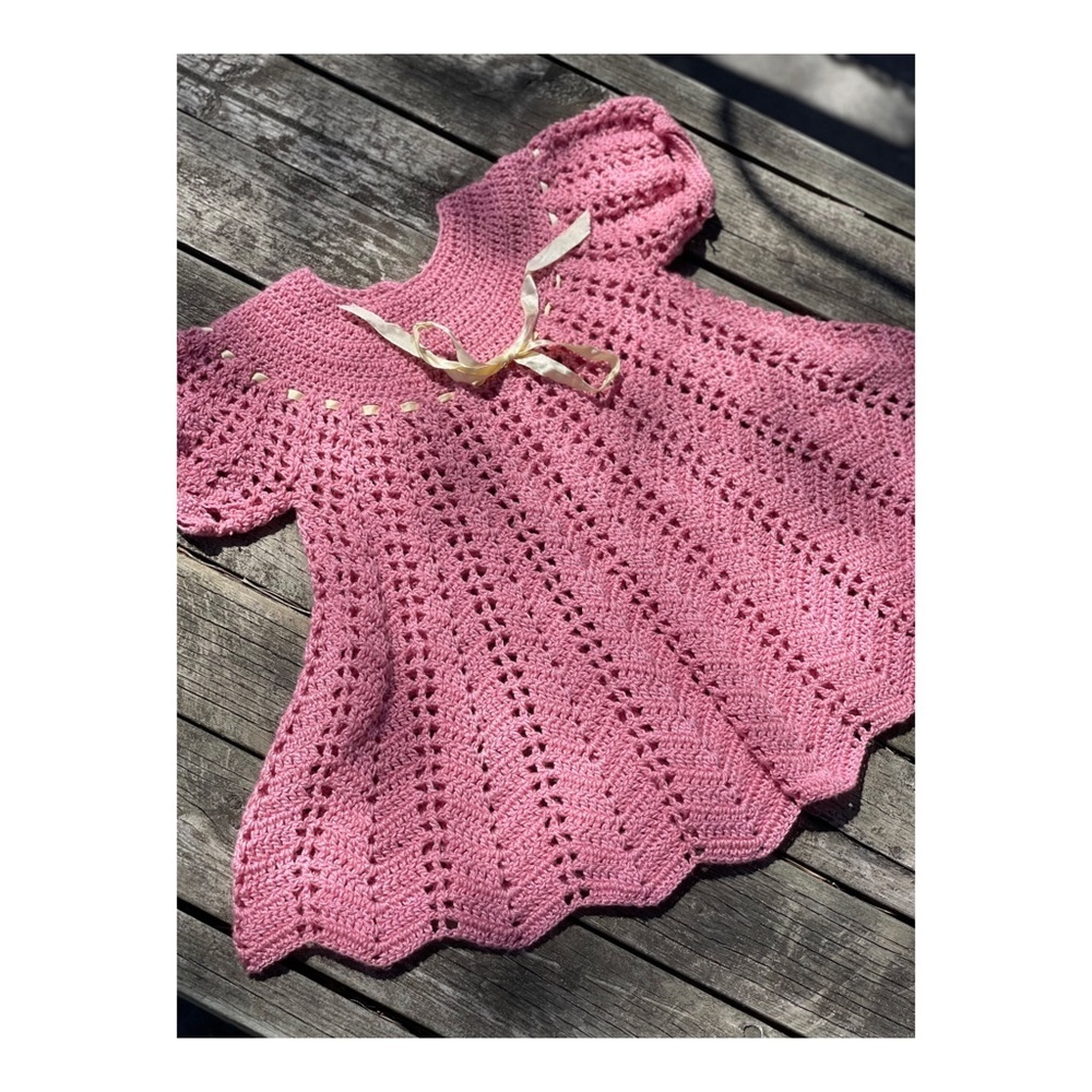 SOLD Pink Crotchet Circle Dress Puff Sleeve Ribbon - Picture 4 of 4